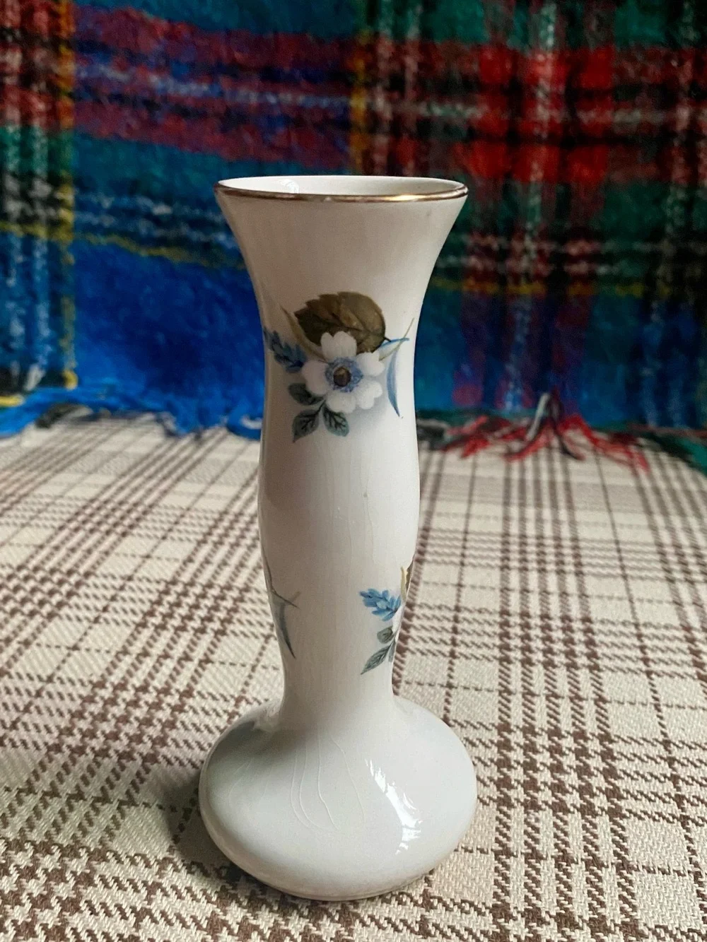 Porcelain Bud Vase with Blue Floral Motif and Gold Trim